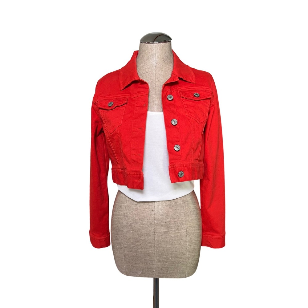 Papaya Vintage Y2K Red Cropped Denim Trucker Jacket Stretch Women's M